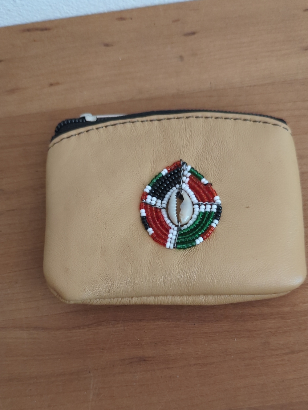 Beaded Accent Tan Leather Small Coin Purse